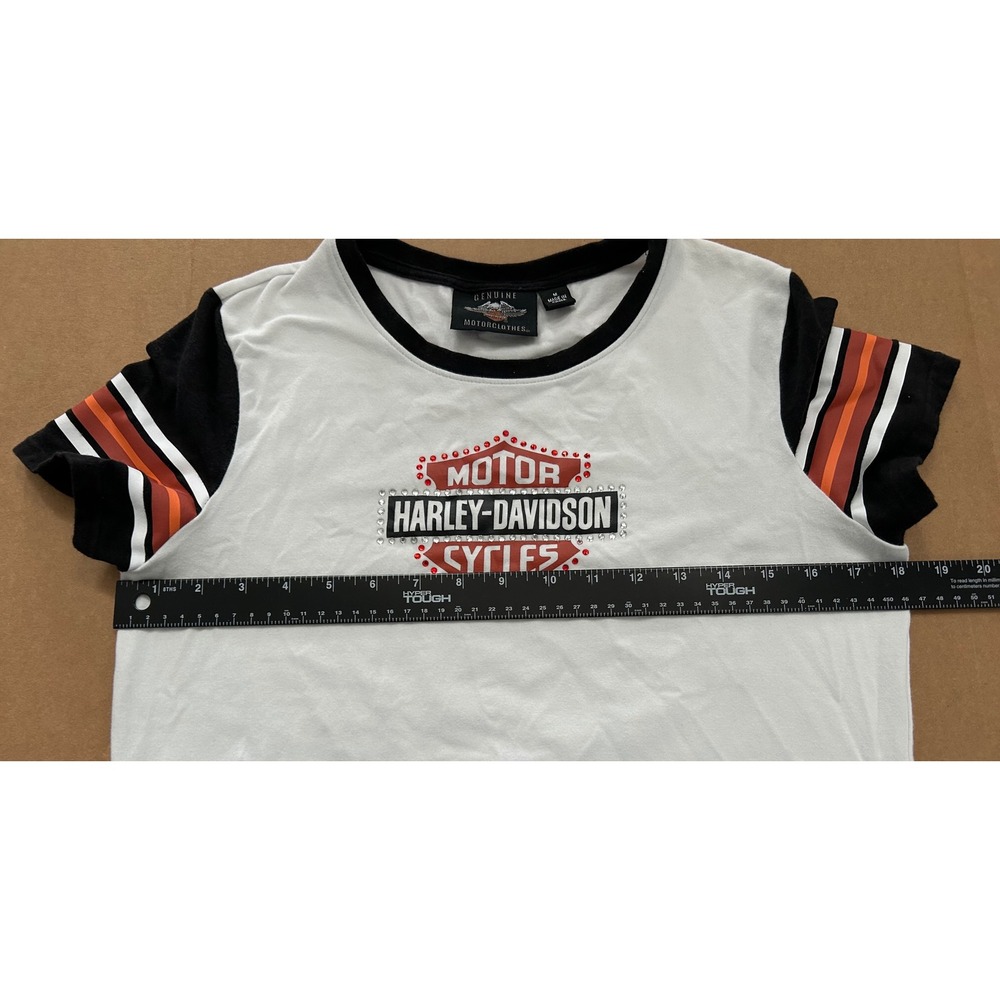 Harley-Davidson Womens White Rhinestone Logo Colorblock Ringer T-Shirt Medium - Picture 4 of 8